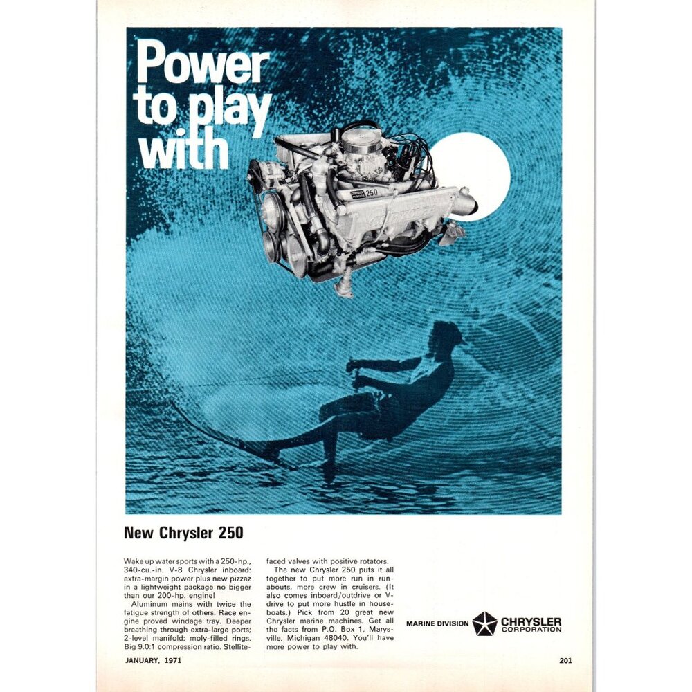 1971 Chrysler Marine 250 V8 Inboard Motor Vintage Print Ad Boating 70s Wall Art